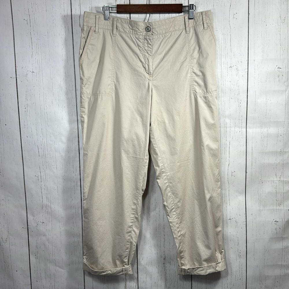 Talbots Khaki Crop Pants Size 14 Beige 100% Cotton Casual Roll Tab Capri Classic